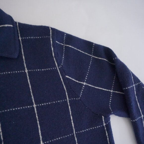 Karen Scott Navy Windowpane Cardigan Sweater Wool Classic A Preppy Cabincore 1X - Picture 7 of 12